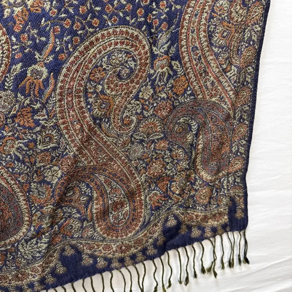 Kashmiri Jamawar Shawl Wrap Scarf Blue Gold Paisley Cashmere Wool Pashmina Stole